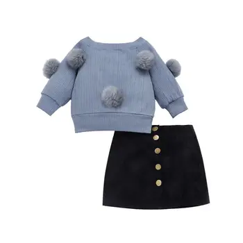 3-7Y 2019 Rudens Toddler Bērnu Bērni Meiteņu Apģērbu Komplekti ar garām Piedurknēm Hairball Adīt Topi, Džemperi+Pogu, Mini Svārki Silts Apģērbs, Komplekts