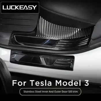 LUCKEASY Auto Piederumi Interjera Pārveidošana, Lai Tesla model 3 nerūsējošā tērauda lnner un ārējo durvju sliekšņa aizsardzības apdares