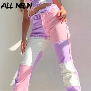 ALLNeon Y2K E meitene Raibs Augsta Vidukļa Džinsus Hip Hop Džinsa Vīle ar Kabatām Taisnas Bikses Streetwear Rozā Bikses, Modes