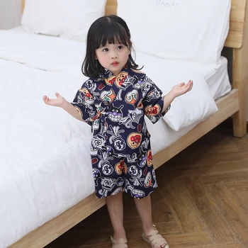 Austrumu Japāņu Stila Tradicionālo Yukata Bērniem Meiteņu Pidžamu Sleepwear Kokvilnas Ērti Cute Karikatūra Kimono Jinbei Komplekts