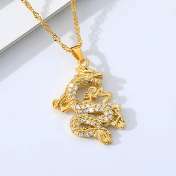 Modes Zelta Krāsā Ķēdes Ķīniešu Pūķis Kulons Kaklarotas Sievietēm, Vīriešiem, Hip Hop Zircon Talismans Rotājumi Laimīgs Simbols JewelryGift