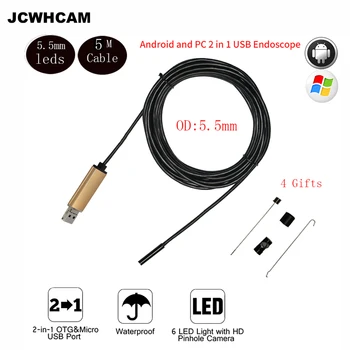 JCWHCAM 5M Ūdensizturīgs Endoskopu, Mini HD Kamera Čūska Caurules 5.5 mm Objektīvs Kabeli USB Pārbaudes ar LED Borescopefor Android Tālrunis PC