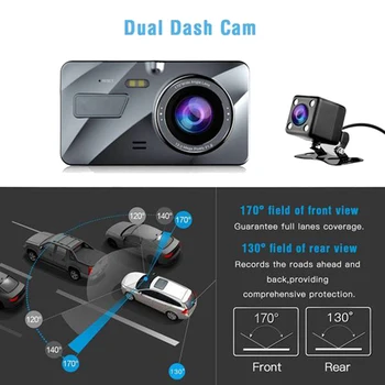 4 Collu Auto DVR Video Dash Cam 170 Grādu HD 1080P Dubultā Objektīva Kamera Nakts Redzamības Priekšā, Aizmugurē Ieraksti