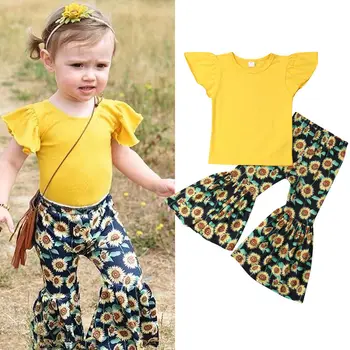 1-6Y Toddler Bērniem, Baby Meitenes šortiņos Ruffles bez Piedurknēm, Dzeltena T-krekls Top Saulespuķu Uzliesmoja Elsas Bell grunts 2GAB Drēbes