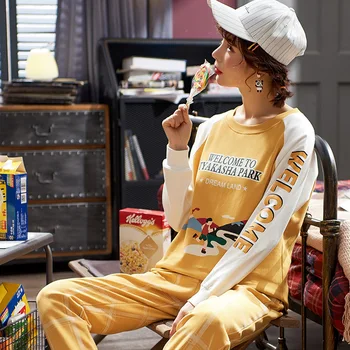 MELIFLE Pavasara korejas Modes Pidžamas Komplekti Sieviešu Rudens Silts Atoff Mājas Mīksta Zīda Sleepwear Kokvilnas PJS Satīna Naktsveļu