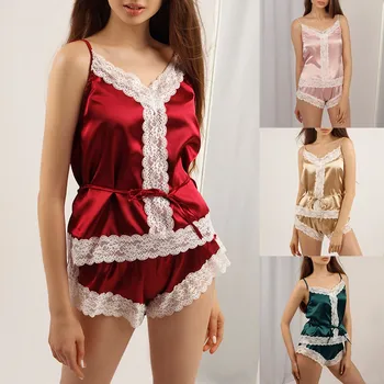 Sieviešu Modes Mežģīnes V Kakla Pidžamas Komplekts Apakšveļa bez Piedurknēm Naktsveļu Kultūru Sieviešu Sleepwear Sexy Satīna Pidžamas, kas Top +Šorti#g3