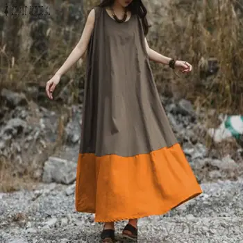 Modes Raibs Maxi Kleita Sieviešu Vasaras Sundress ir 2021. ZANZEA Gadījuma bez Piedurknēm Tvertnes Vestidos Sieviešu O Kakla Drēbes Lielgabarīta