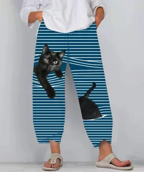 Modes Svītrains Kaķis Drukāt Melnas Bikses Sieviešu Pavasara Rudens Vidū-Vidukļa Sporta Harlan Bikses Gadījuma Zaudēt Ielā Plus Lieluma Bikses