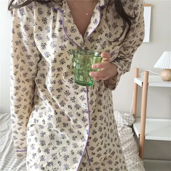 Svešzemju Kitty Ziedu Drukas Maigu Uzvalku Komplekti Sievietēm Salds Vienu Krūtīm Modes Sleepwear Mīksto Zaudēt Pidžamu Svaigu Mājas Drēbes