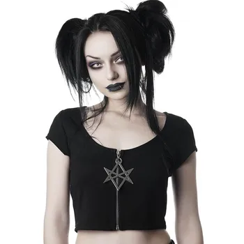 Goth T Krekls Sievietēm Vasarā Tumšs Stila Metāla Ķēdes Zipped līdz ar Īsām Piedurknēm Kultūraugu Top Krekli