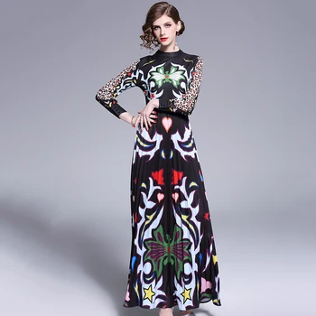 Luksusa Dizaineru Skrejceļa Anotācija Leopards Izdrukāt Maxi Kleita 2019. Gada Pavasara Sievietes Stāv Apkakle Slim Vintage Kroku Kleita Vestidos