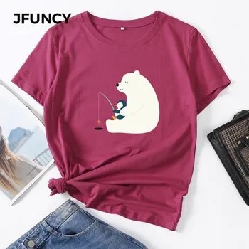 JFUNCY Plus Lieluma 2020. Gada Vasaras Sieviešu Kokvilnas Topi leduslācis Antarktīdas Pingvīnu Iespiestas Grafikas Krekli ar Īsām Piedurknēm Sievietes T-krekls