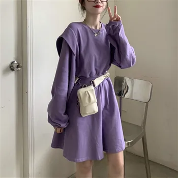 Kimutomo Maiga Sievietes Kleitu Rudens korejas Modes Sieviešu O-veida kakla Augsta Vidukļa Raibs Long Sleeve Mini Vestidos Outwear