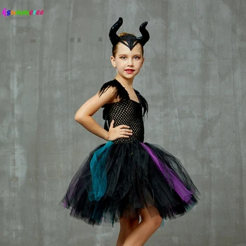 Maleficent Tutu Kleita ar Ragiem Meitenes Maleficent Halloween Raganu Cosplay Kostīmu Spalvām Izrotātas Tilla Puse Kleitas