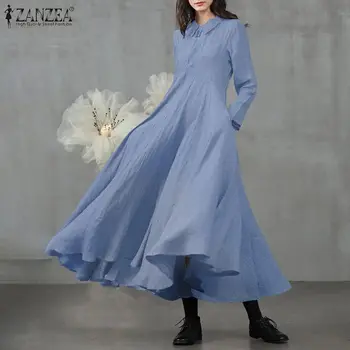 ZANZEA 2021. gadam, Sievietēm, Eleganta Atloks Puse Rāvējslēdzēju Sen Maxi Svārkos Sundress Vintage Kokvilnas Vestidos Pilnu Piedurknēm Gredzenūbele Cietā Kleitas