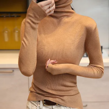 Rudens un ziemas jauno garām piedurknēm adīts tops sieviešu tīrtoņa krāsu trikotāžas bāzē džemperis 2020