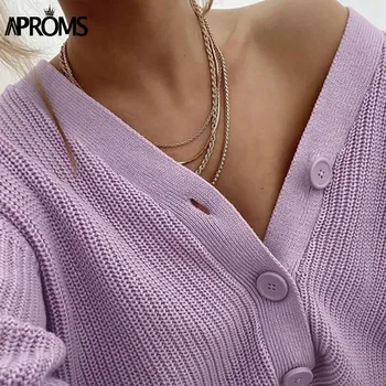 Aproms Rudens Ražas V-veida kakla Mīksto Jakas Sieviešu Streetwear Modes Pogas Priekšā Trikotāžas Džemperis Ziemas Lillā Džemperi 2020