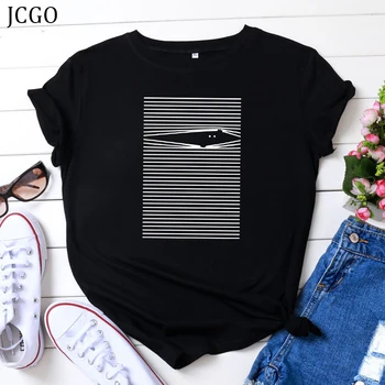 JCGO Sieviešu Vasaras T Kreklu, Kokvilnas Plus Lieluma 4XL 5XL Īsām Piedurknēm Estētisko Grafiskais Izdrukāt O-veida Kakla Gadījuma TShirts Basic Topi, t-veida