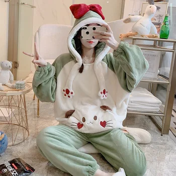 Foply Ziemas Biezs Flaneļa Pidžamas Komplekts Sievietēm Salds Gudrs Pyjama Dzīvnieku Kapuci Vēstules Sleepwear Siltu Koraļļu Samta Meitene Bieza