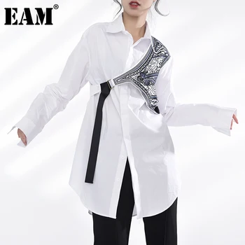 [EAM] Sieviešu Modelis Iespiests Balts Liela Izmēra Kleita Jauns Atloks ar garām Piedurknēm Loose Fit Modes Jūra Pavasara Rudens ir 2021. 1DA29900