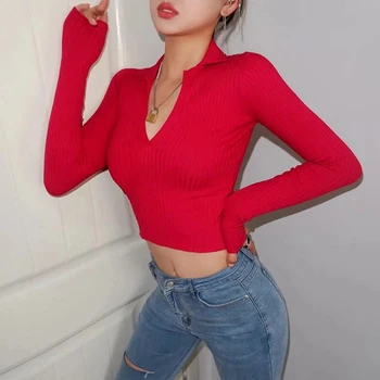 Jauno Modes Rudenī Vintage Sieviešu Vienkrāsainu Adīti Topi Eleganti Dāmu Krekli Ar Garām Piedurknēm Baltā Korejas Retro Krekls Streetwear