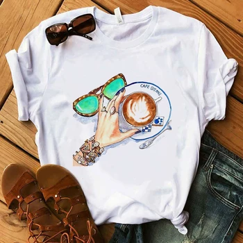 Ir 2021. Modes T Krekls Dāma Luksusa Make Up Kolekciju Kafijas T-Krekls Sievietes Vasaras Ikdienas Topi Meitene Hipster T-krekli