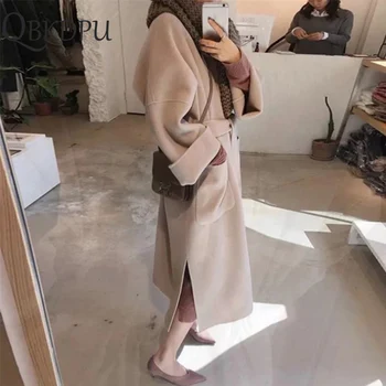 Plus Lieluma, Mīksti Vilnas Maisījums Mētelis Sievietēm Korejas Modes Cietā Ilgi, Mēteļi 2019 Rudens Ziemas Jauna Dāma Ar Elegantu Jostu Streetwear