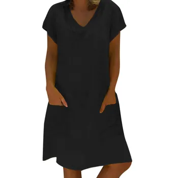 Ir 2021. Plus Izmērs S-5XL Cietā V veida Kakla Kleita Sieviešu Vasaras Stils Feminin Vestido T-krekls Veļa Gadījuma Dāmas Zaudēt Kleitu Vairumtirdzniecība N4