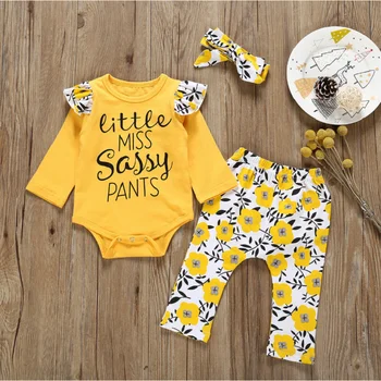 Jaundzimušā bērna Baby Girl Apģērbu 2020. Gada Pavasarī Nedaudz Garām Sassy Bikses Apģērbs Romper+Bikses+Galvas 3PCS Komplekti