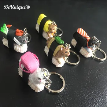 Radošā Japāņu Suši Cat keychain kulons simulācijas pārtikas suši keyring Cute karikatūra kitty Chaveiro DIY Rotaslietas Piederumu