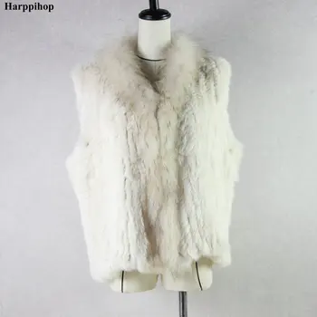 Harppihop*Bezmaksas piegāde womens dabas īstu trušu kažokādas veste ar jenots kažokādas apkakle vestes/jakas trušu trikotāžas-adītus ziemas
