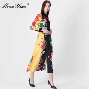MoaaYina Modes Dizainera kleita Pavasara Sieviešu Kleita ar garām piedurknēm Floral-Print Jostas 5XL Plus lieluma Kleitas