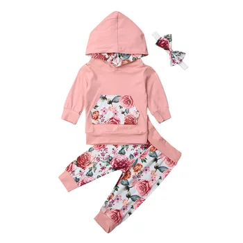 Toddler Meitenei 0-24M Drēbes Jaundzimušais Meitene Tērpiem Kapuci Topi Ziedu Bikses 3PCS Apģērbu Komplekts Tracksuit