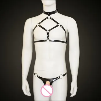 Fetišs Vīriešu Erotiskā Lateksa Apakšveļas Komplekts Vīriešu Ādas Josta ar Atvērtu Kājstarpes Bikses BDSM Ķermeņa Verdzība Geju Apģērbi