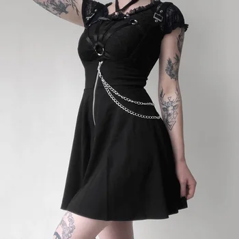 Fitshinling Punk Grunge Spageti Siksnas Kleita Sievietēm Zip-Up Ķēdes Black-Line Kleitas, Sieviešu Gothic Slim Īss Vestidos Femme