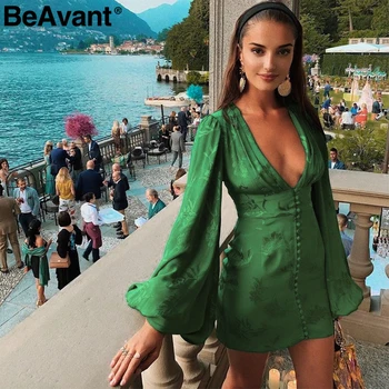 BeAvant Sexy v-neck īss puse kleita Zaļā lente eleganta kleita sievietēm Laternu piedurknēm vienu krūtīm-line mini kleita vasaras