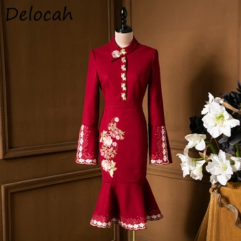 Delocah Sieviešu Rudens Modes Dizaineru Puses Midi Kleitu Izšūšanas ar garām Piedurknēm, Elegants Bodycon Dāmas Sirēna Kleitas vestidos