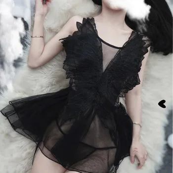 Sexy lingerie eņģeļa spārnus sieviešu marli nightdress uzstādīt sexy allure mājas nightdress