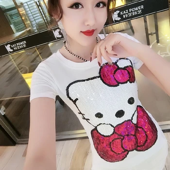 2019. gadā, pavasarī un vasarā korejiešu versija jauns T-krekls sieviešu multiplikācijas filmu kt kaķis Slim īsām piedurknēm sequined krekls sievietēm