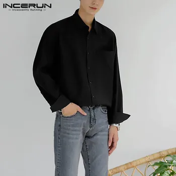 INCERUN Vīriešu tērpu Kreklu Atloks tīrtoņa Krāsu Streetwear Ir 2021. garām Piedurknēm Biznesa Ikdienas Krekli Vīriešu Rudens Modes Zaudēt Camisas