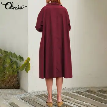 Modes garām Piedurknēm Midi Kleita Sievietēm Sundress Celmia 2021. Gada Rudenī Atloks Pogas Kroku Gadījuma Zaudēt Cietā tusiņu Drēbes 5XL