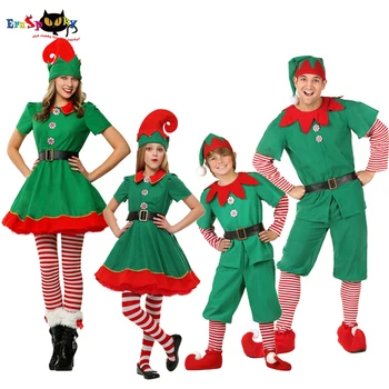 Zaļā Ziemassvētku Elf Kostīmi Pieaugušo Santa Claus Cosplay Ģimenes Atbilstošas Drēbes, Bērnu Karnevāla Kleita Meitenēm Jauno Gadu Apģērbs, Cepure