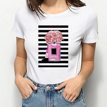Grafikas Tees Sieviešu Ziedu Smaržu Pudeles Drukāt Vogue T krekls ir 2021. jaunpienācēji Īsām Piedurknēm labklājību Vasaras Ropa Tumblr Mujer