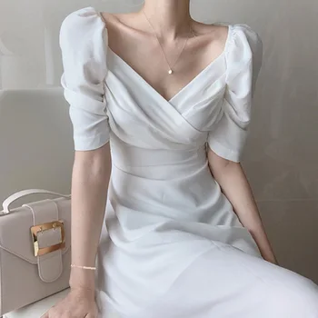 2020. gada Vasaras Sievietes Kleitu franču Stilā Eleganta Vidukļa Slim V-veida kakla Krusta Bubble Sleeve Šifona Sieviešu Vidū Teļš Cietā Puse Kleita