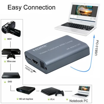 4K 60HZ USB 3.0 Loop Out Audio Video Uztveršanas Kartes 1080P HDMI Video 60fps Grabber Rūtiņu PS4 Spēle Kameru Ieraksti tiešraide