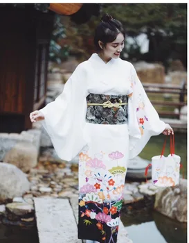 Vintage Žaunu Japāņu Stila Kimono Balta Iespiests Yukata Ar Obi Elegants Ar Garām Piedurknēm Sievietēm Skatuves Šovs Drēbes Cosplay Kostīms