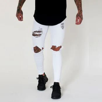 Wihte Vīriešiem Ceļa Ripped Caurumi Izdilis Iznīcināta Džinsi Modes Slim Fit Hip hop Mens Streetwear Kokvilnas Augstas kvalitātes Džinsi