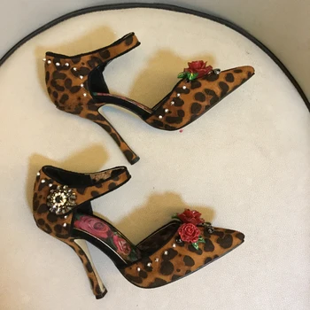 Sexy Rožu Ziedu, Leoparda Augstpapēžu Kurpes Norādīja Toe Dizaineru Modes Mary Janes Oficiālu Kurpes Sievietēm