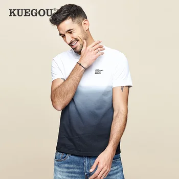 KUEGOU kokvilnas Vīriešu T-krekls ar īsām piedurknēm modes tshirt vasaras Gradientu, Krāsu druka, t krekls vīriešiem top plus lieluma ZT-3312