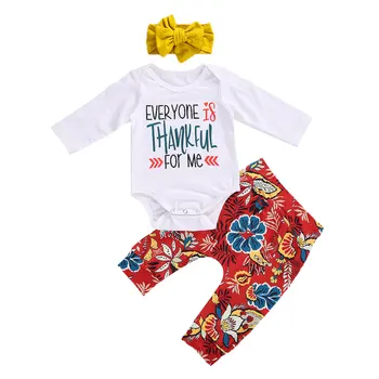0-24M Baby Meitenes Pateicības Apģērbu komplektus ar garām Piedurknēm Vēstuli balts Romper Topi Ziedu bikses Bērniem 2 gab., Svētku drēbes